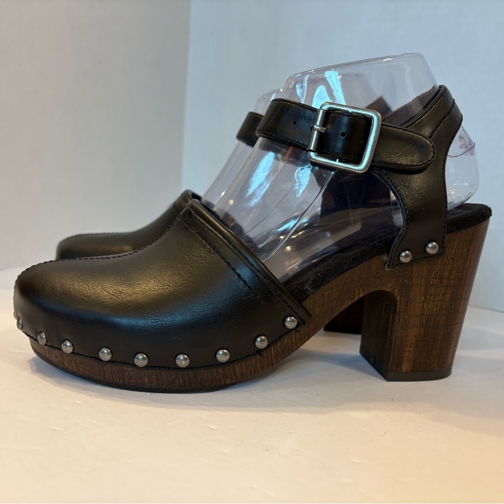 White Mountain Black Leather Clog Heels with Stud Details